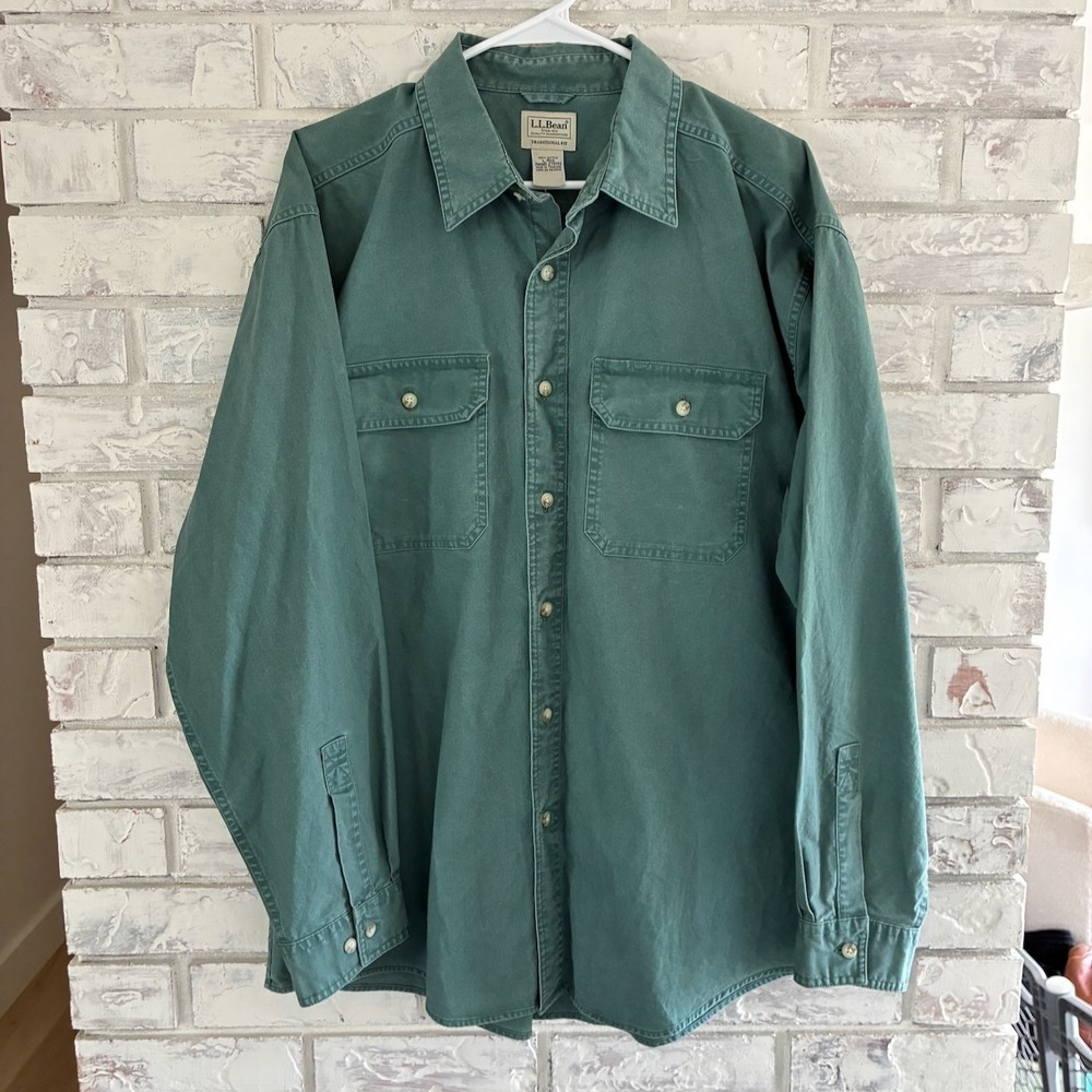 LL Bean Mens Traditional Fit Cotton Button Down Shirt Green Large 270133